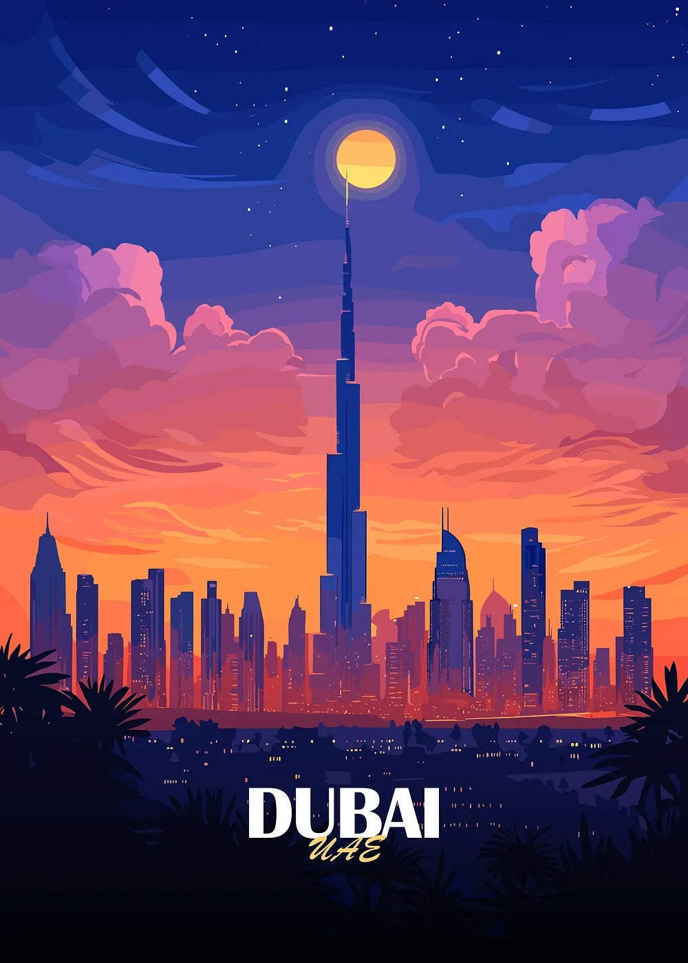 Dubai Skyline Sunset metal poster artwork